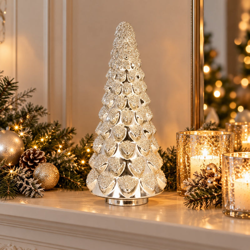 Bizzotto Pino di Natale Twinkle in Vetro Argento Ø16,5xH38,5 cm – Decorazione Natalizia