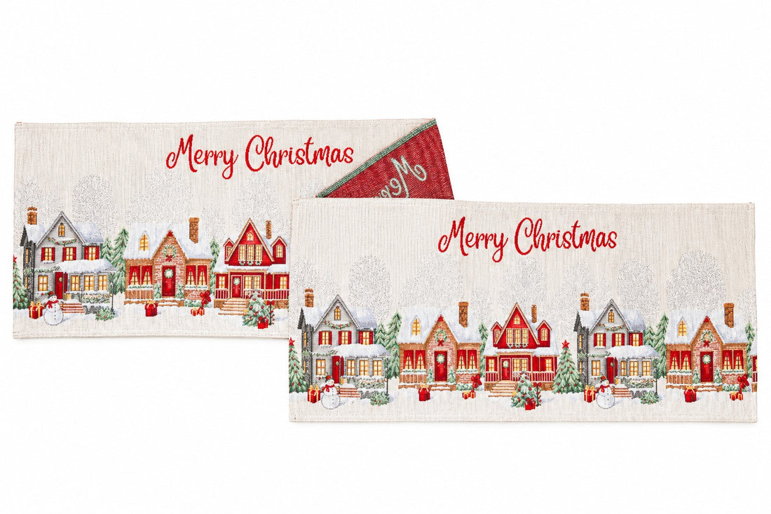 Bizzotto Weihnachts-Tischläufer Village Weiß 183x33 cm – Dekorative Tischdeko für den Weihnachtstisch