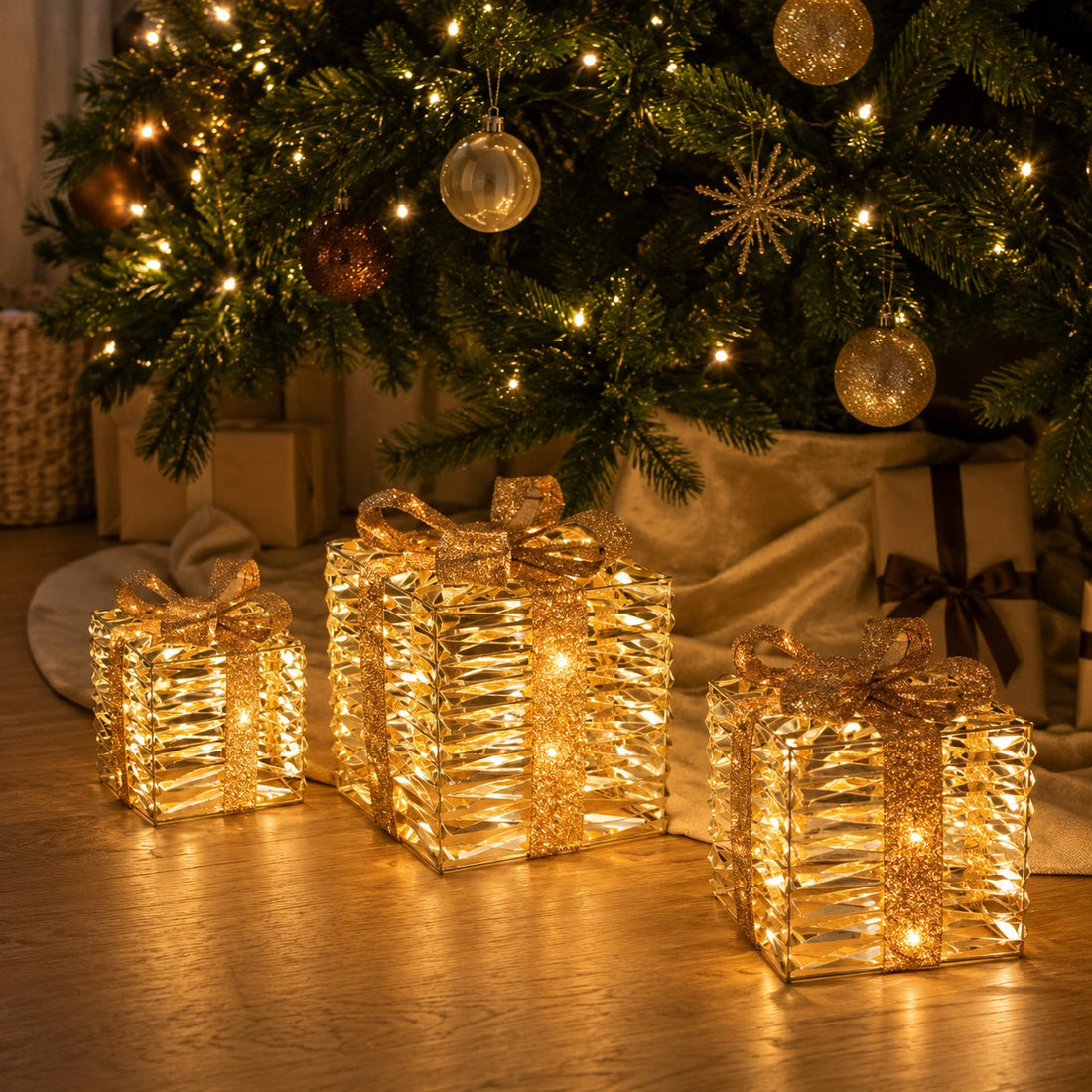 Bizzotto Set 3 Weihnachtspakete Kinsey Batteriebetrieben IP20 MicroLED Warmweiß 15x17, 20x23 und 25x30 cm – Leuchtendedekorationen