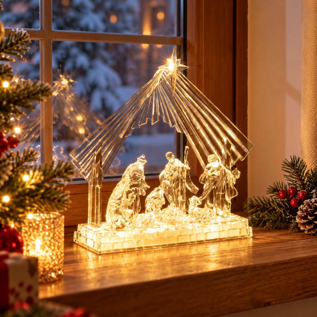 Bizzotto Natività Silky mit Krippe 8 Figuren H28,5 cm mit LED mit Batterie – Weihnachtskrippe Leuchtend Dekorativ für das Haus