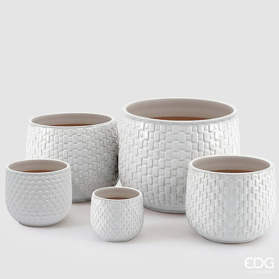 EDG Enzo De Gasperi Vase Cachepot Gewölbt mit Quadratmuster Keramik Weiß – Set 5 Stk.