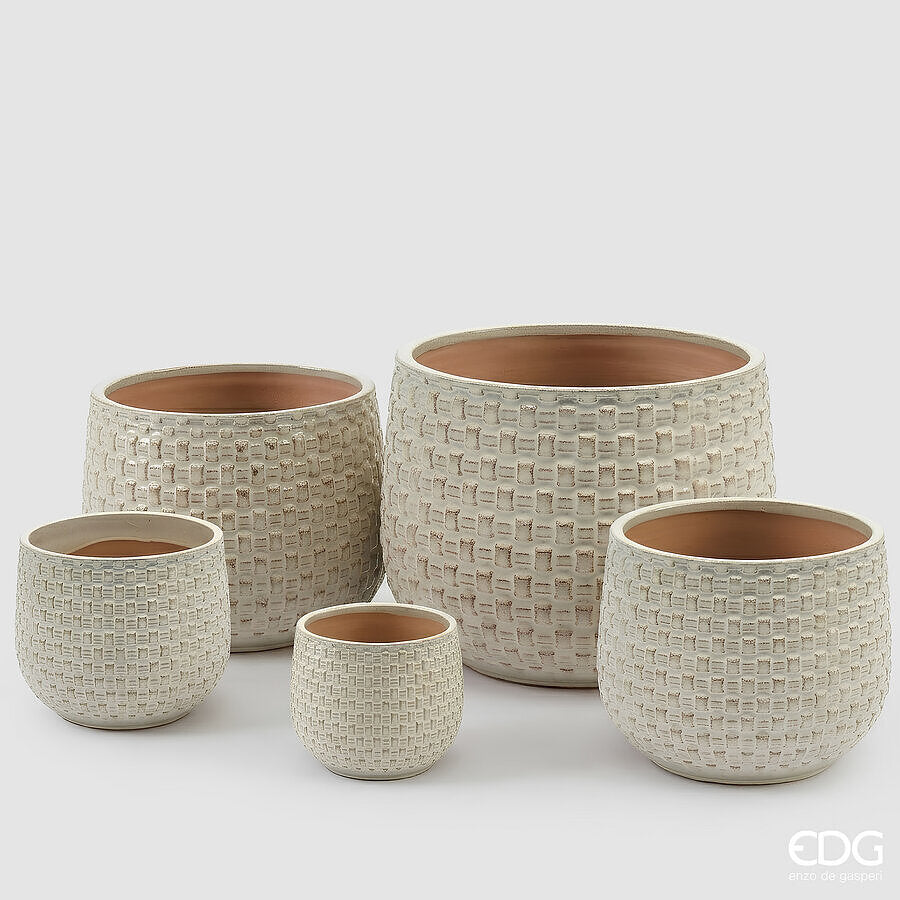 EDG Enzo De Gasperi Vase Cachepot Gewölbt mit Rasterung Keramik Elfenbein – Set 5 Stk.