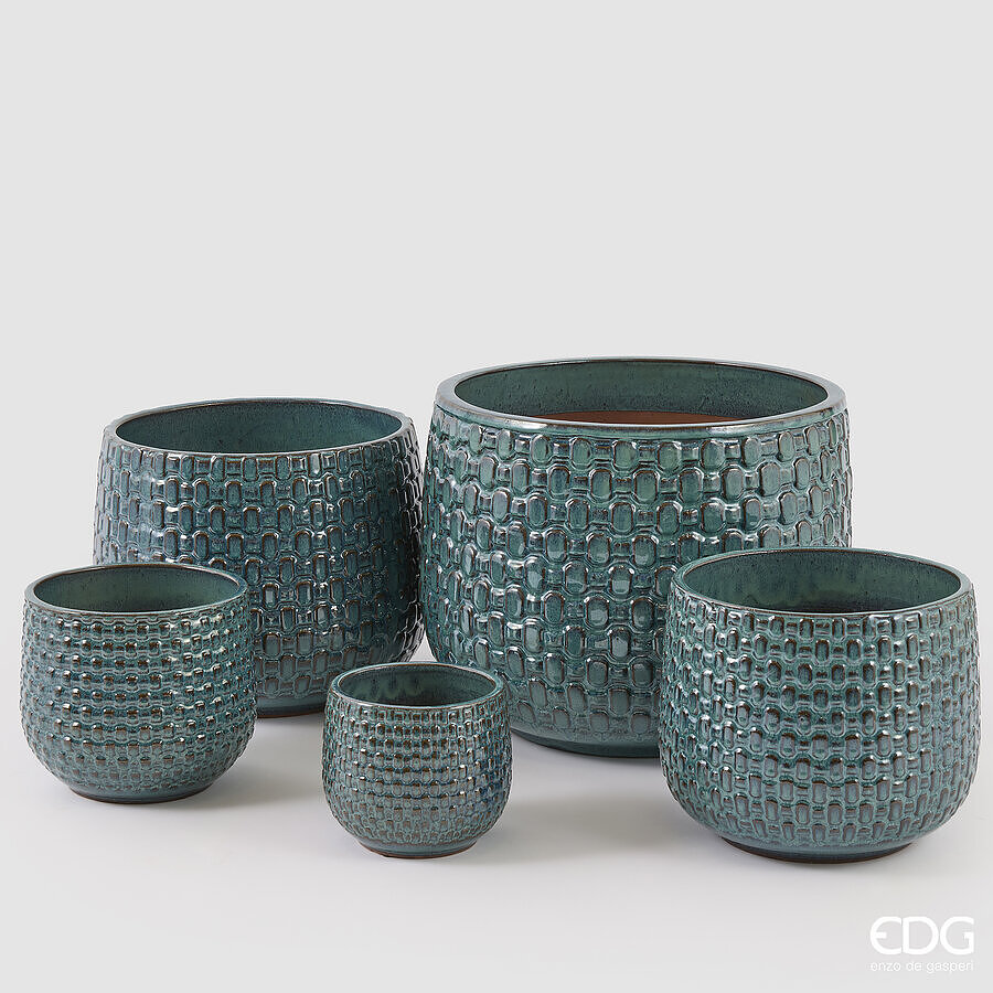 EDG Enzo De Gasperi Vase Cachepot Bombato a Riquadri Keramik Teal – Set 5 Stk.
