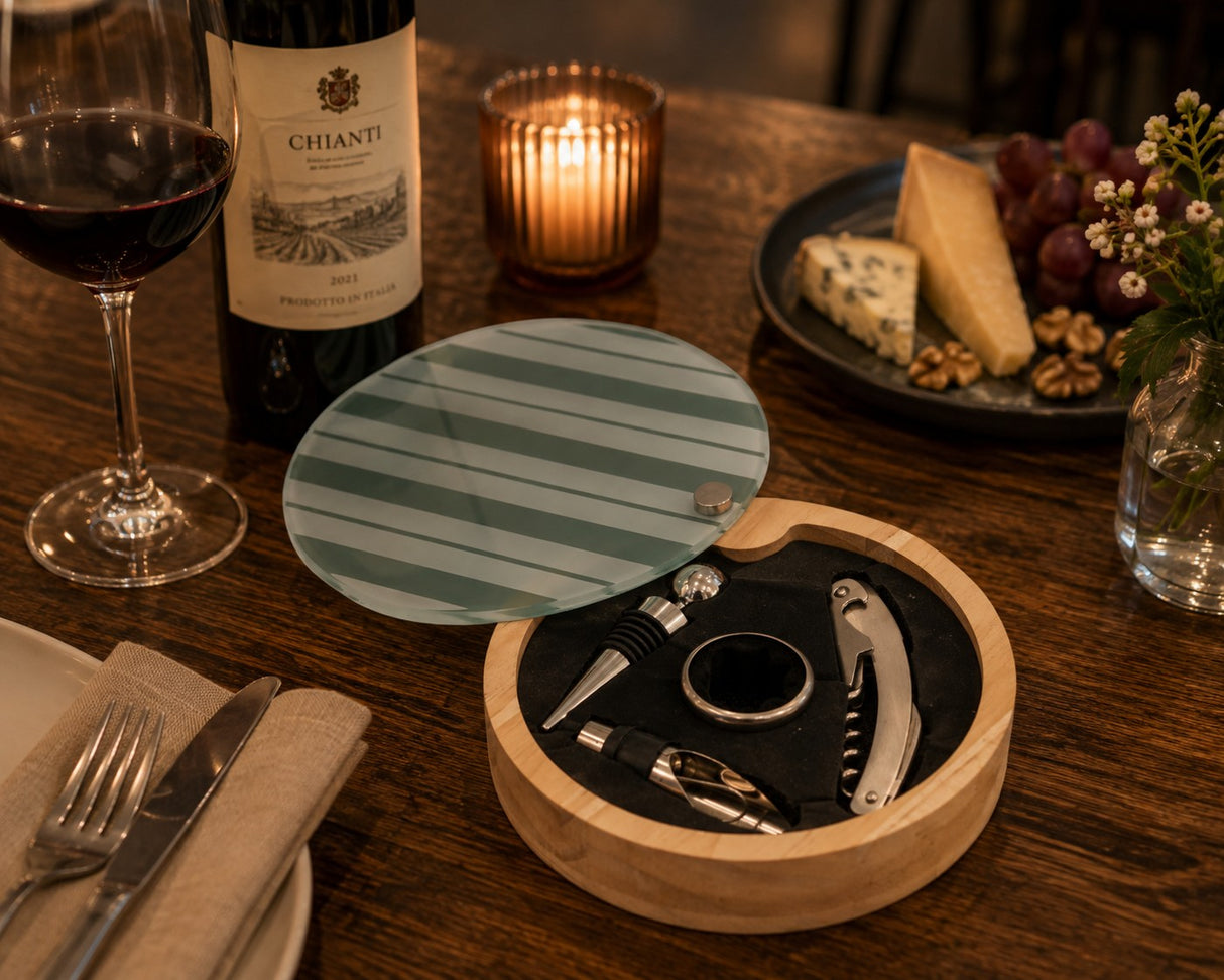L'Arcolaio Wood Set Vino 4 Pezzi in Scatola Tonda in Legno 16x3 cm Idea Regalo Enoteca
