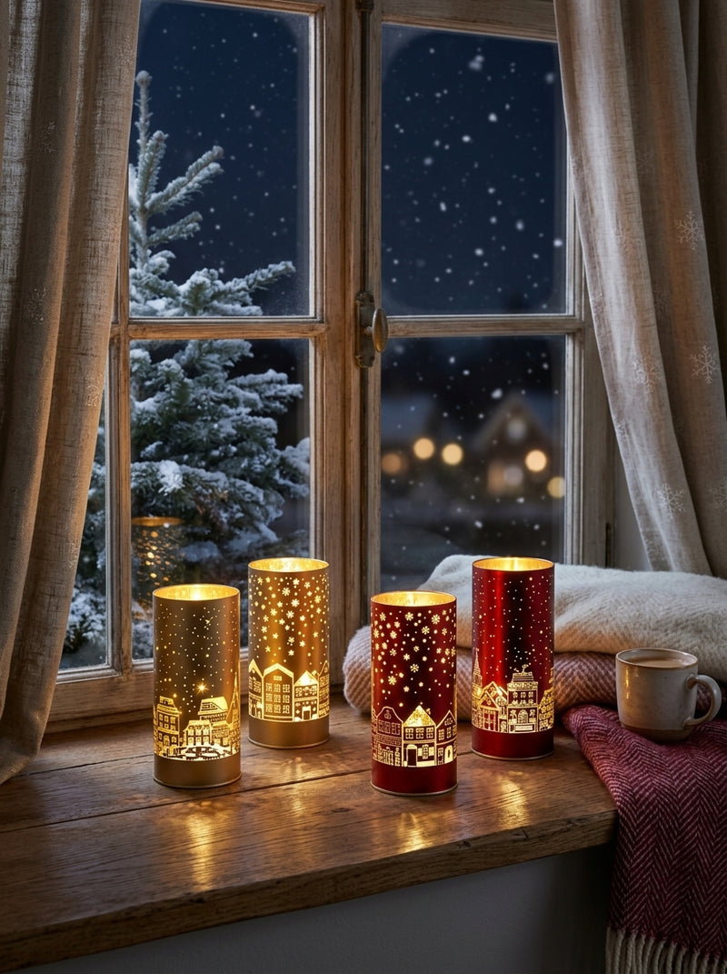 Ad Trend Zylindrische Weihnachtsleuchte aus Glas, sortiert, 1 Stk. Ø7xH15 cm – Leuchtende Weihnachtsdekoration für zu Hause