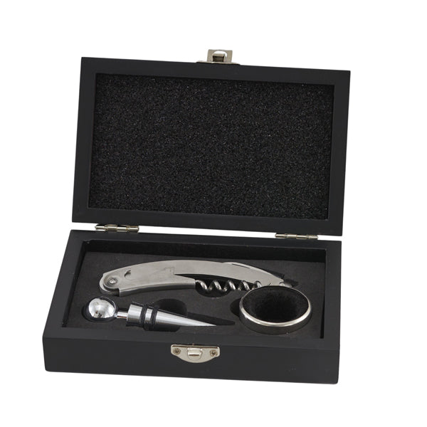 L'Arcolaio Wooden Set Vino 3 Pezzi – Cofanetto Rettangolare Nero con Accessori per Vino, Elegante Idea Regalo