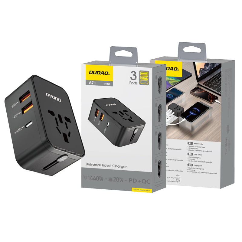 L'Arcolaio Adattatore Universale da Viaggio 20W GaN con USB-C Power Delivery, 2 USB-A Quick Charge e Prese Internazionali Nero