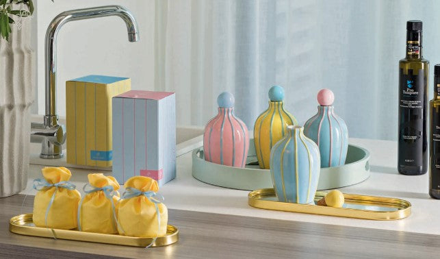 Cupido&Co. Oliera Azzurra Righe Gialle con Scatola D 9,5 Cm H 16,5 Cm