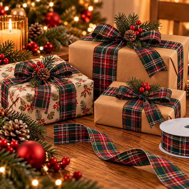 Piovaccari Weihnachtsband Tartan Grün und Rot 38 mm x 20 m – Dekoratives Schottenband für Weihnachtsbaum, Schleifen und Geschenkpakete