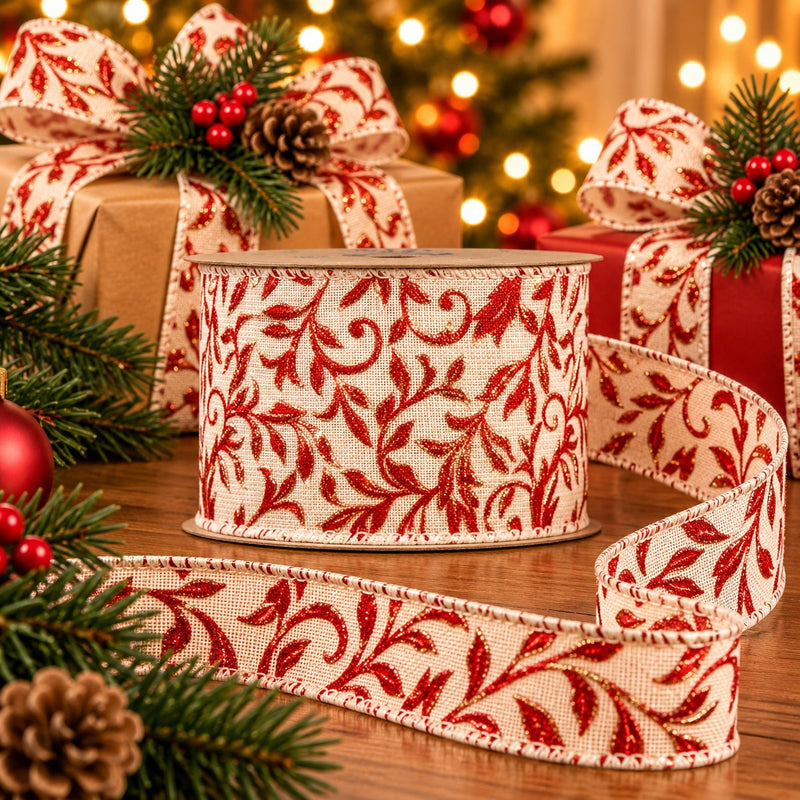 Piovaccari Nastro Natalizio Red Arabesque Rot 63 mm x 10 m – Dekoratives Band mit Arabeskenmuster für Weihnachtsbaum, Schleifen und Geschenkverpackungen