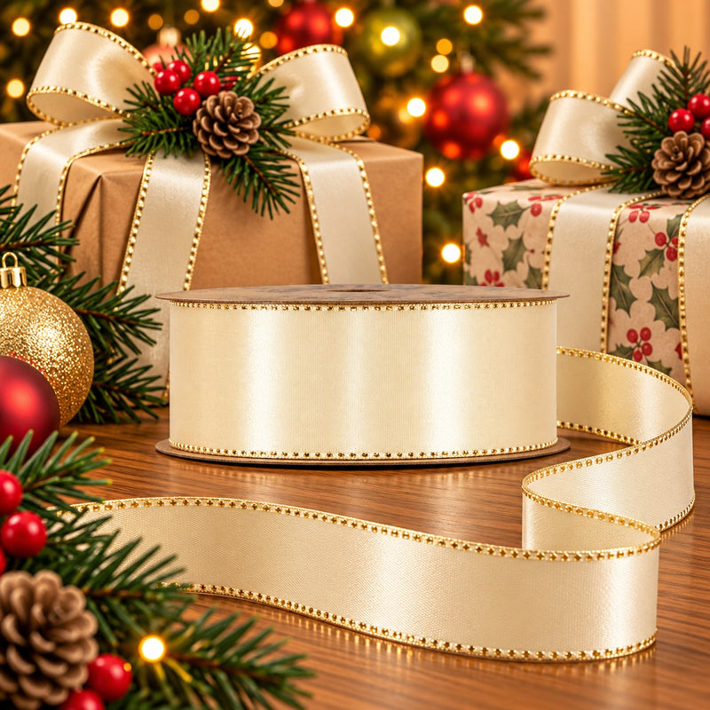 Piovaccari Band Satinée Cream 40 mm x 20 m – Satiniertes Creme-Band für Schleifen, Geschenkverpackungen und Weihnachtsdekoration