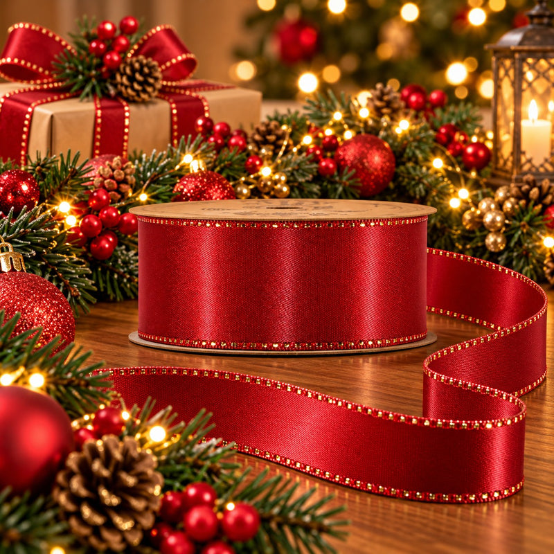 Piovaccari Band Satinée Red Dahlia 25 mm x 20 m – Satiniertes rotes Band für Schleifen, Geschenkverpackungen und Weihnachtsdekoration