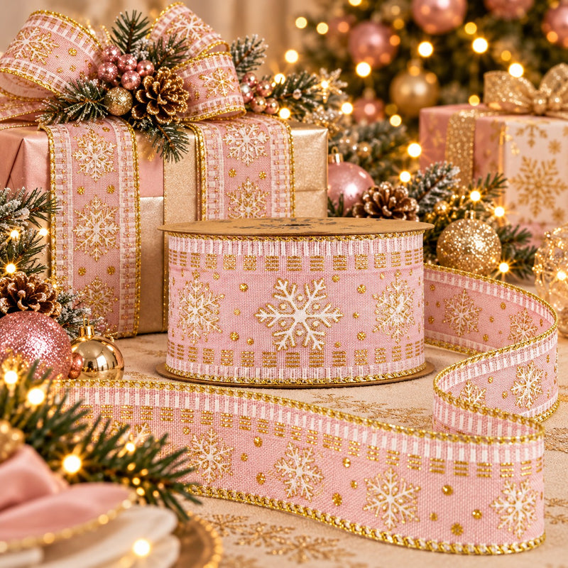 Piovaccari Weihnachtsband Snowflake in Pink Rosa 63 mm x 10 m – Dekoband mit Schneeflocken für Weihnachtsbaum, Schleifen und Geschenkverpackungen