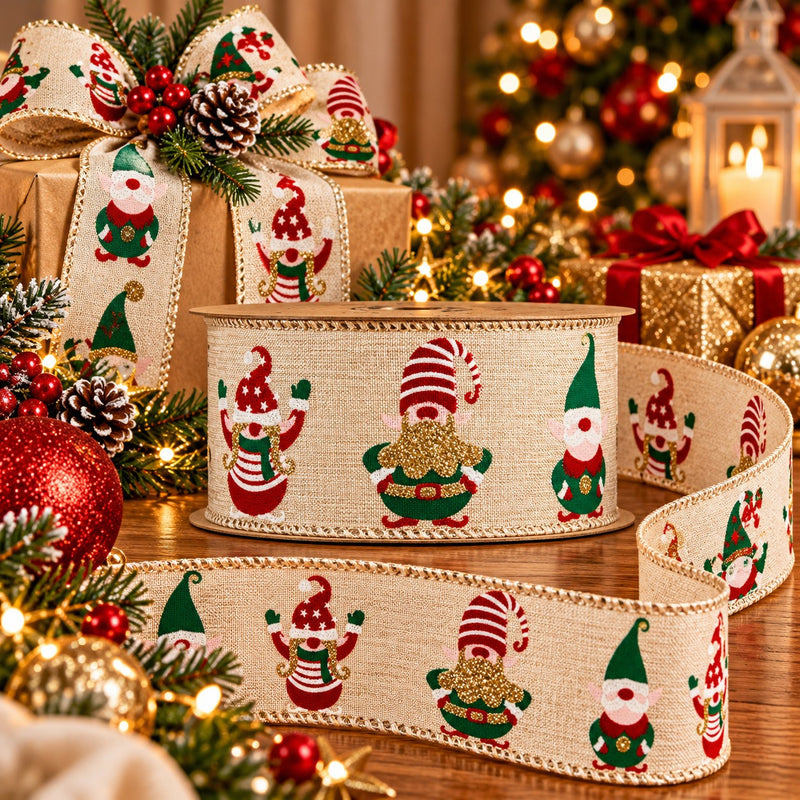 Piovaccari Weihnachtsband Elfs 63 mm x 10 m – Dekoband mit Weihnachtselfen für Baum, Schleifen und Geschenkverpackungen