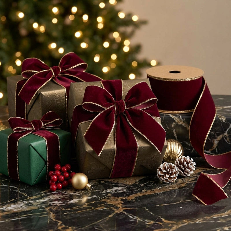 Piovaccari Band Double Sides Velvet & Glitter Dunkelrot 63 mm x 10 m – Weihnachtsband aus Samt mit Glitzer für Weihnachtsbaum, Schleifen und Geschenkverpackungen