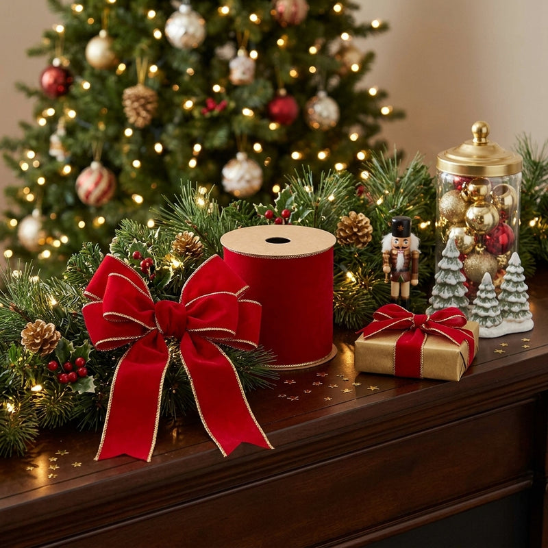 Piovaccari Band Double Sides Velvet & Glitter Rot 100 mm x 10 m – Weihnachtsband aus Samt mit Glitzer für Weihnachtsbaum, Schleifen und Geschenkverpackungen