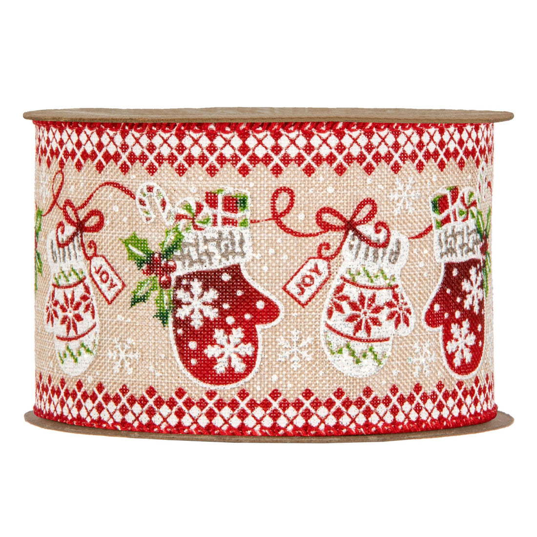 Piovaccari Band Christmas Gloves 63 mm x 10 m – Weihnachtliches Dekoband mit Weihnachtshandschuh-Motiv für Weihnachtsbaum, Schleifen und Geschenkverpackungen