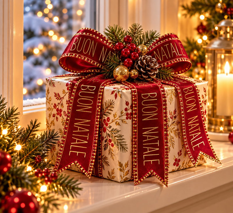 Piovaccari Band Buon Natale Red Dahlia Rot 40 mm x 15 m – Dekoratives Weihnachtsband mit Schriftzug Buon Natale für Weihnachtsbaum, Schleifen, Geschenkpakete und Weihnachtsdekoration