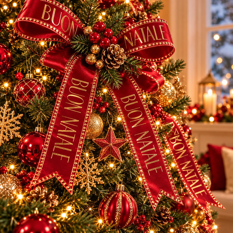 Piovaccari Band Buon Natale Red Dahlia Rot 25 mm x 15 m – Dekoratives Weihnachtsband mit Schriftzug „Buon Natale“ für Weihnachtsbaum, Schleifen, Geschenkpakete und Weihnachtsdekoration