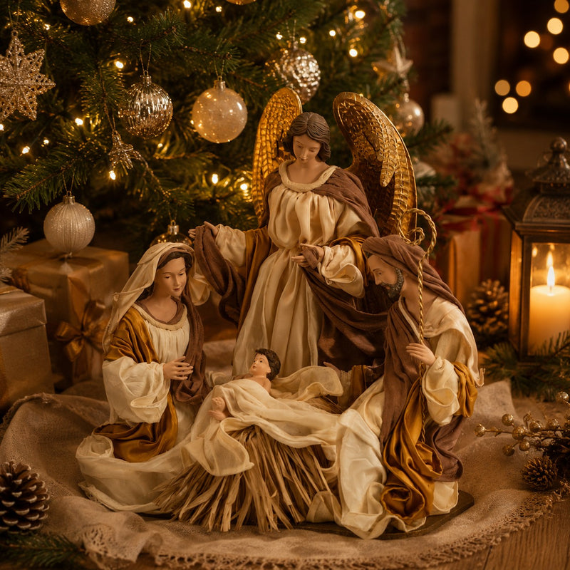 EDG Enzo De Gasperi Statuetta Natalizia Natività Tessuto con Angelo H 43 Cm Ivory Gold