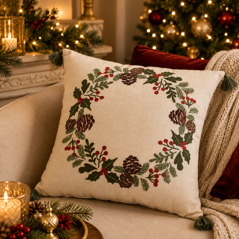 EDG Enzo De Gasperi Cuscino Natalizio Corona Quadrato 45x45 cm Bianco – Cuscino Decorativo di Natale