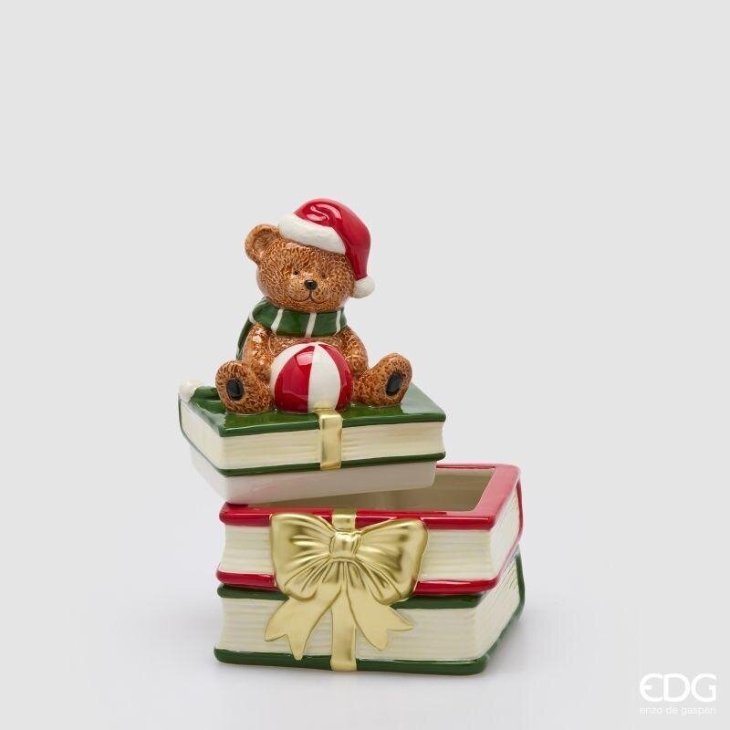 EDG Enzo De Gasperi Contenitore Natalizio Orso con Libri in Ceramica H23x16,5x16,5 cm Verde Rosso – Decorazione di Natale