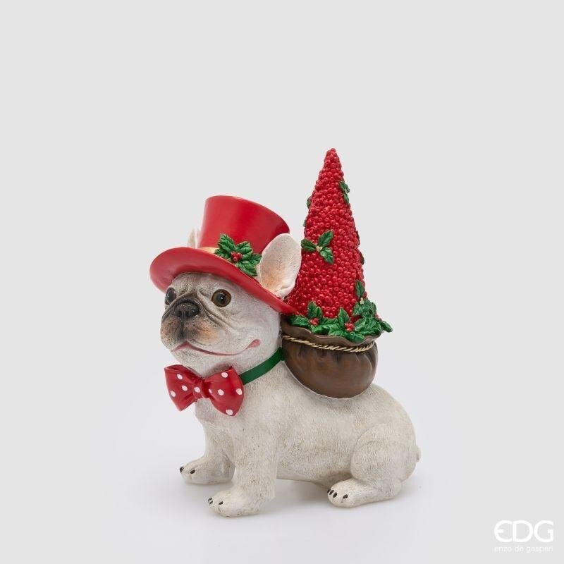 EDG Enzo De Gasperi Cane Bulldog con Pino H28,5 cm Bianco Rosso – Decorazione Natalizia