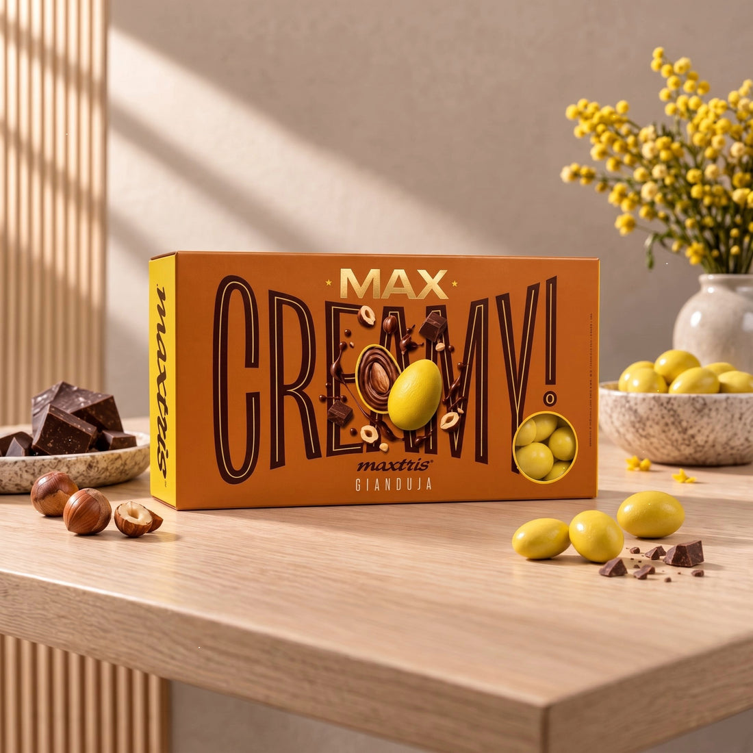 Maxtris Dragees Creamy Max Gianduia Giallo Sun 1 kg – Dragees mit Gianduia-Geschmack für Hochzeiten, Zeremonien, Feste und farbige Dragee-Arrangements