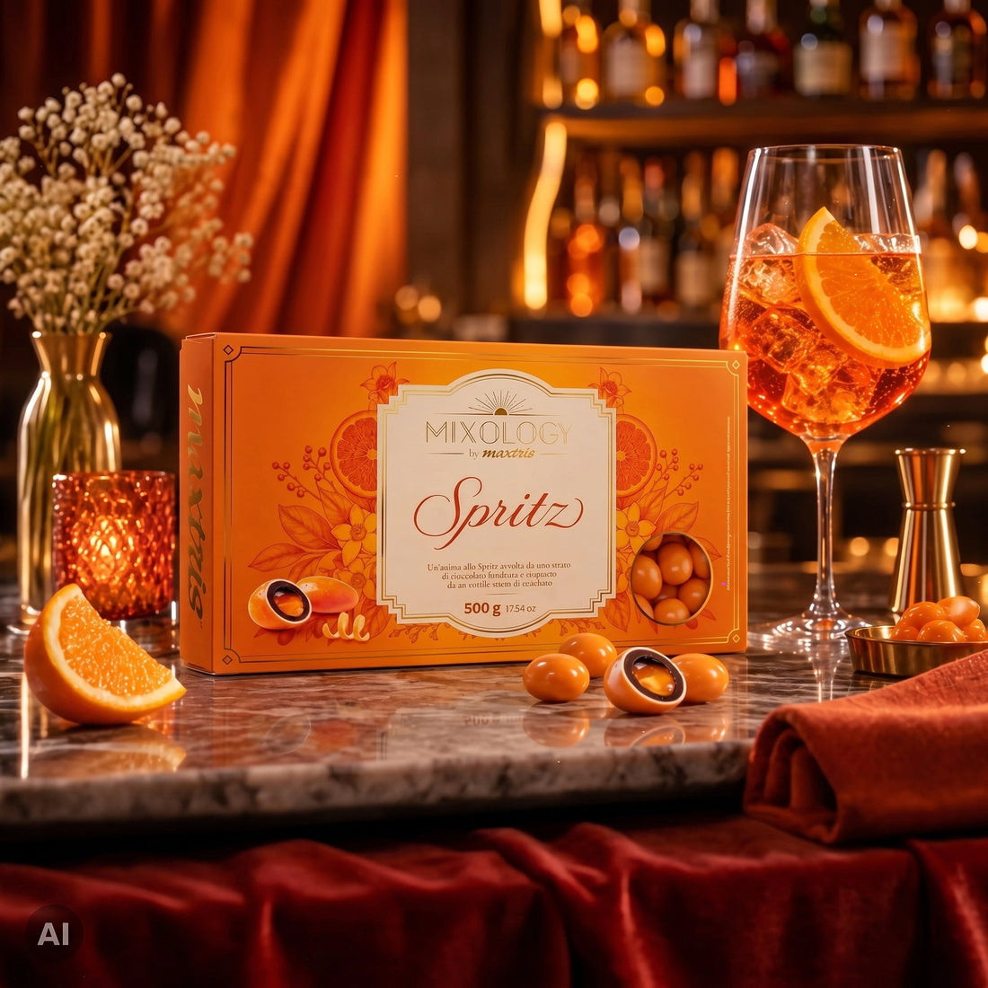 Maxtris Dragees Mixology Spritz 500 g – Orange Dragees mit dunkler Schokolade und Spritz-Likörfüllung für Feste und Events