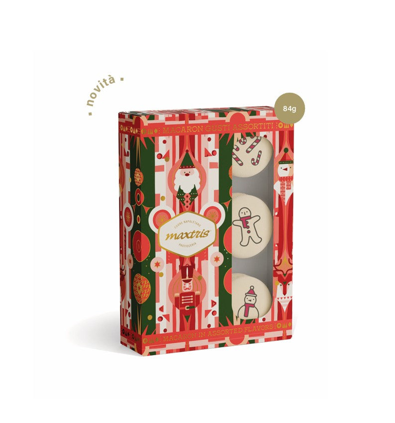 Maxtris Christmas Macarons Stampati 84 g 6 Pezzi – Macarons Natalizi ai Gusti Cannella, Pan di Zenzero e Menta Piperita – Idea Regalo di Natale