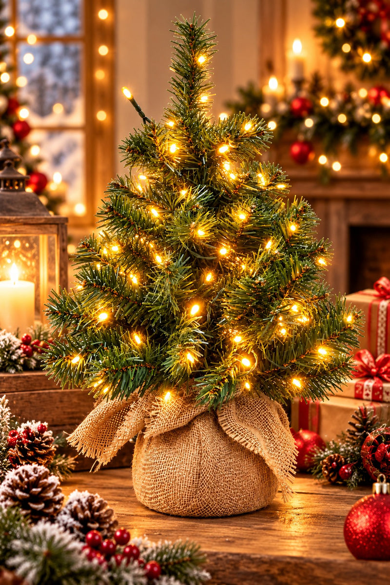 Künstlicher Weihnachtsbaum Grün mit 120 LED-Leuchten G 60 cm Warmweiß und Basis aus Jute – Mini leuchtender dekorativer Weihnachtsbaum für zu Hause