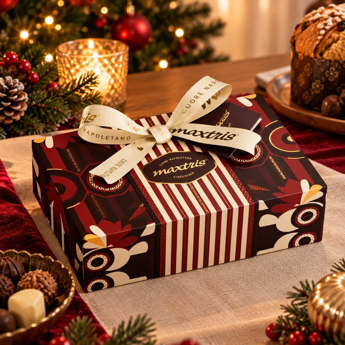 Maxtris Linea Regalo Schachtel Bordeaux Dunkle Schokolade 350 g – Geschenkpackung mit sortierter Dunkler Schokolade für Feste und besondere Anlässe