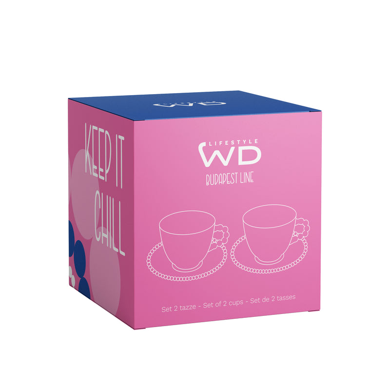 WD LifeStyle Set 2 Tassen 230 ml aus Glas mit Untertasse Dekoration "Take it slow" und "Keep it chill" Rosa Blau