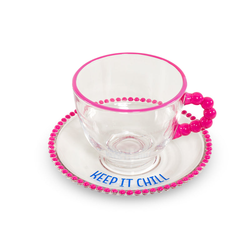 WD LifeStyle Set 2 Tassen 230 ml aus Glas mit Untertasse Dekoration "Take it slow" und "Keep it chill" Rosa Blau
