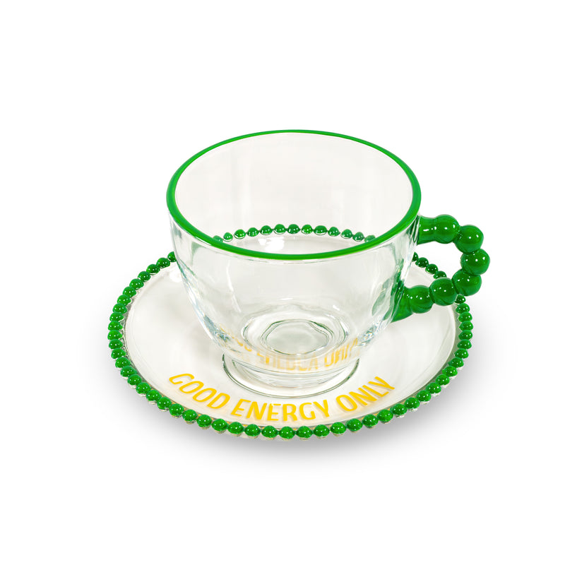 WD LifeStyle Set 2 Tassen 230 Ml aus Glas mit Untertasse Dekoration "Good energy only" und "No bad days" Gelb Grün