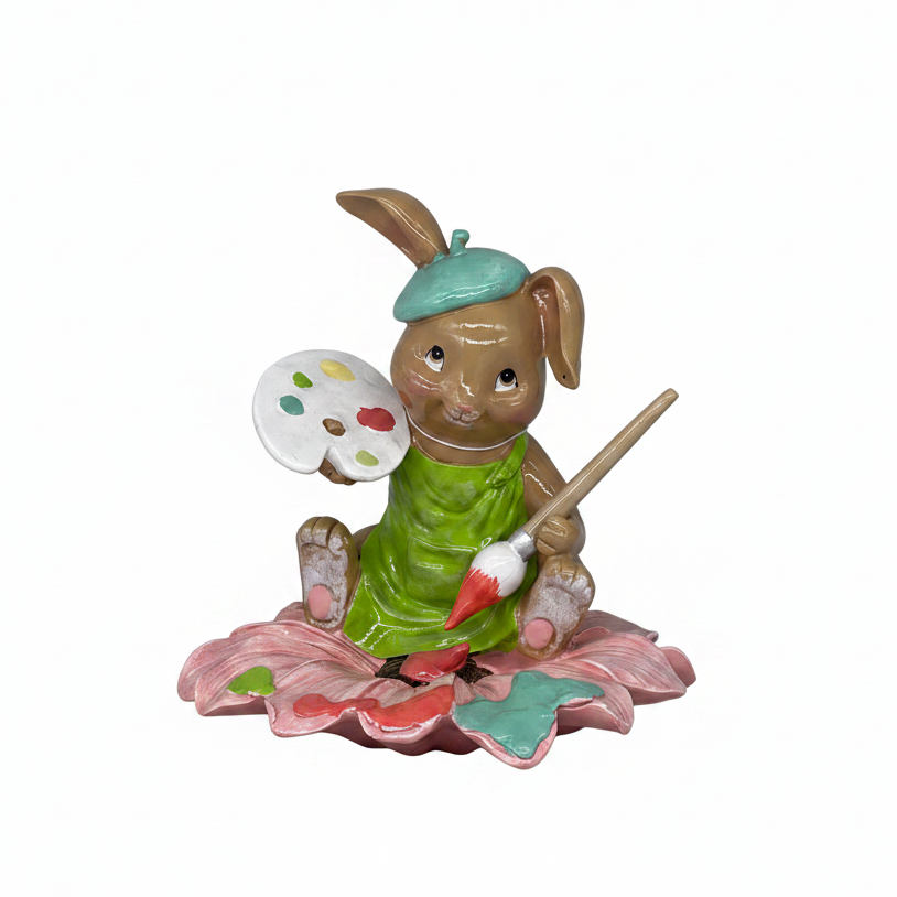 Statuina coniglio pittore Arpimex su fiore rosa 15cm: decorazione Pasqua e bomboniera in resina. ean 8018318439698