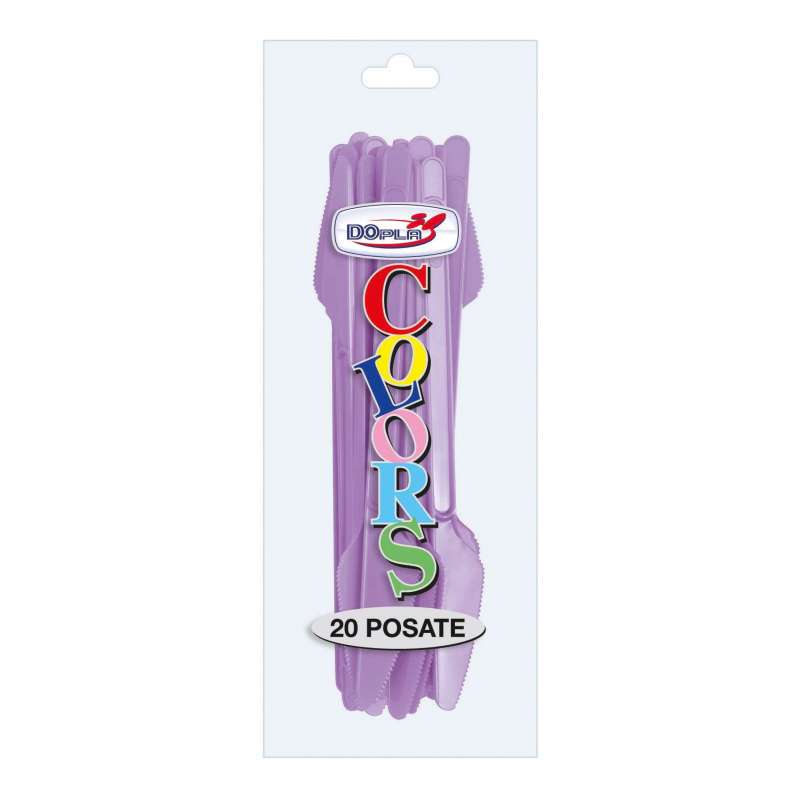 Coltelli monouso lilla Dopla in plastica alimentare resistente, conf. 20 pz: igienici, pronti all'uso. Ideali per feste, picnic e catering.