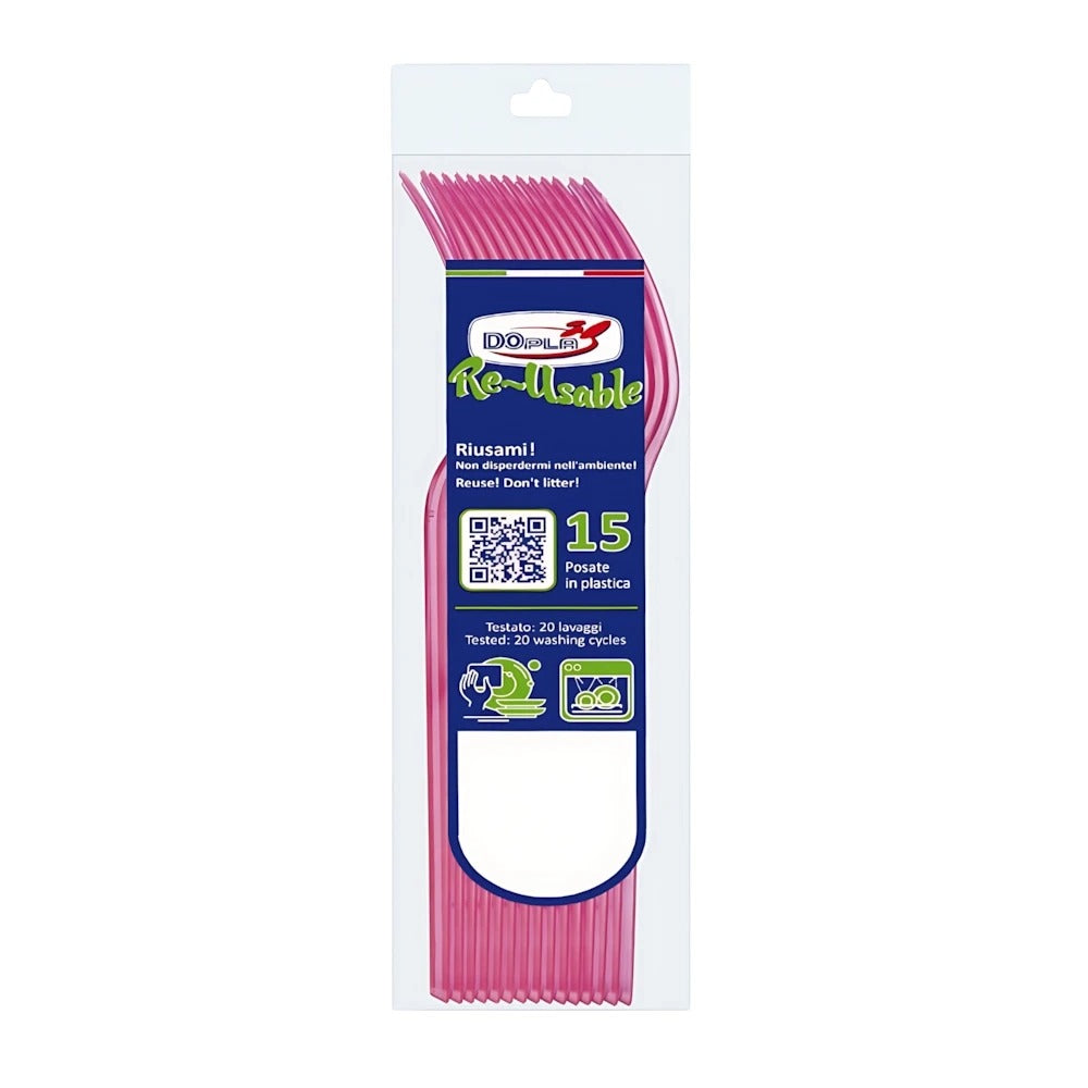Posate riutilizzabili per feste ed eventi: forchette Dopla Compact fucsia, 18 cm, lavabili in lavastoviglie, 15 pz. Pratiche e sostenibili.