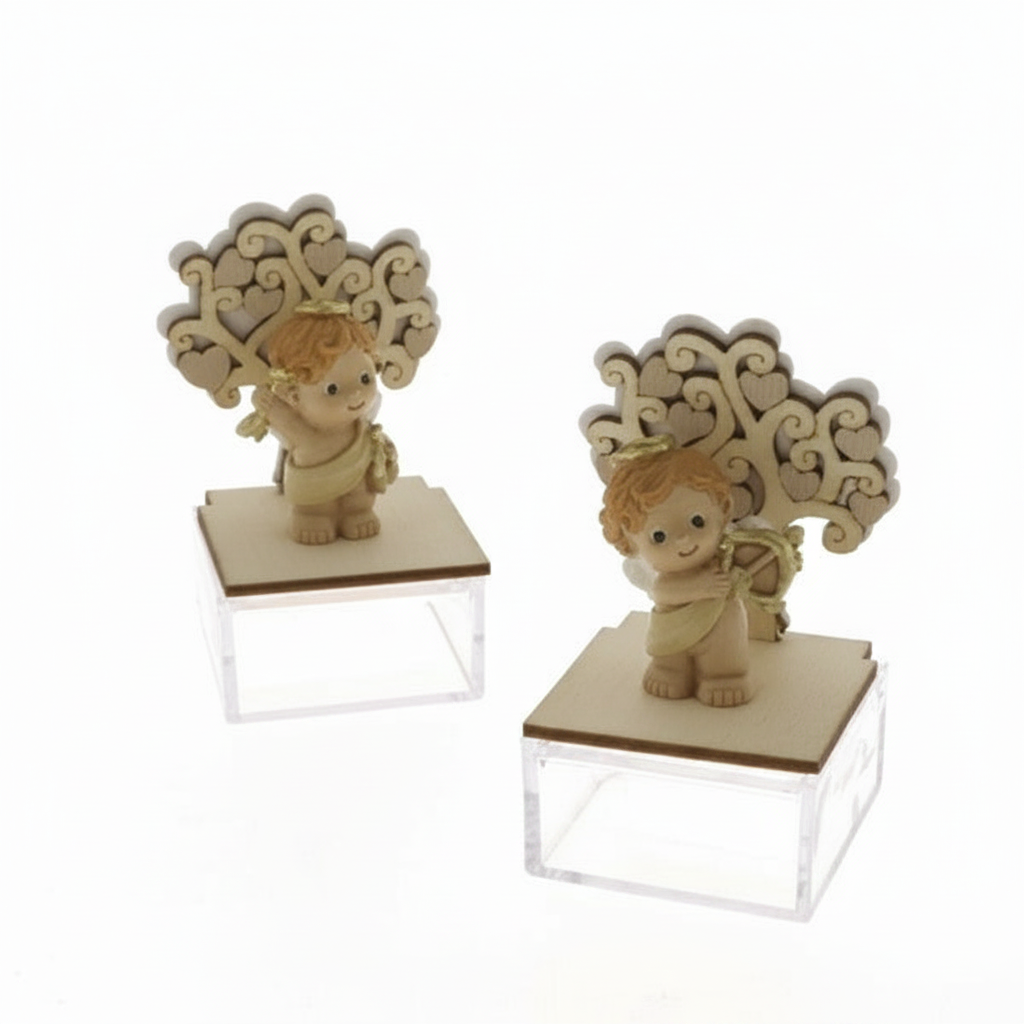 Angelo albero della vita porta confetti Etm legno e plexiglass H.11 cm: bomboniera battesimo e nascita. Venduto singolarmente, 2 modelli