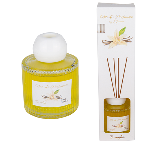 Profuma ogni ambiente con l'Etm Aroma Diffusore Vaniglia 50 ml a bastoncini: fragranza calda, design minimal, perfetto come bomboniera.
