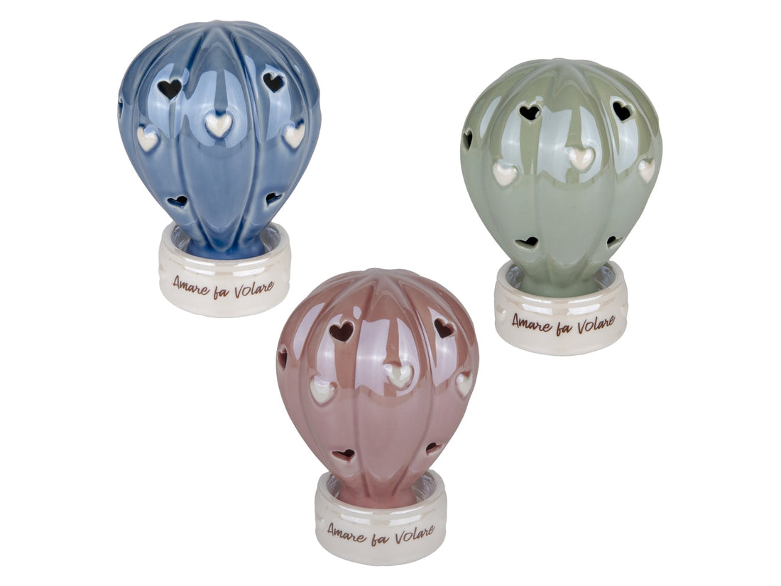 Illumina casa con la mongolfiera Etm Balloon in porcellana con LED, H.12 cm, ø 9 cm, 3 colori assortiti. Bomboniera e regalo originale.