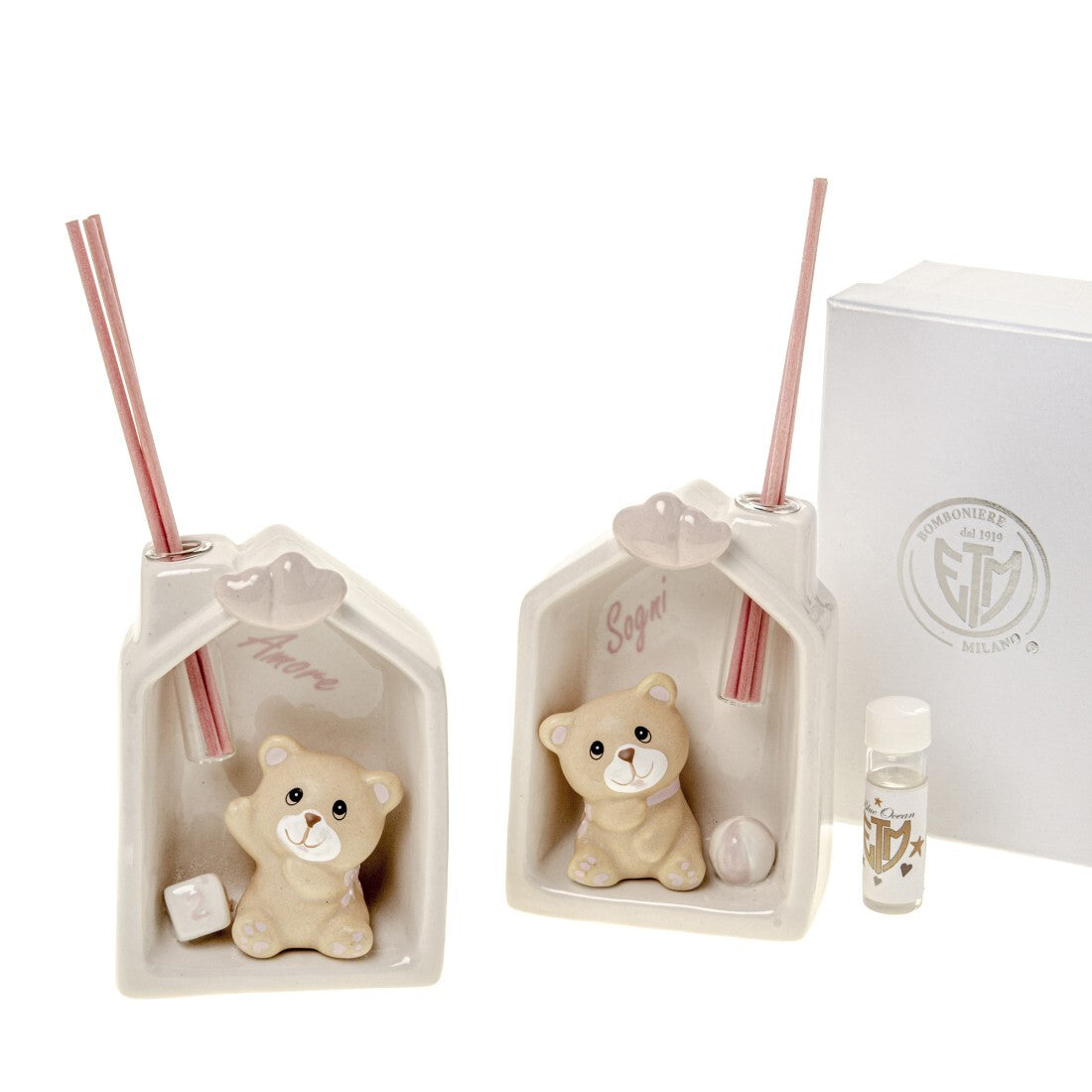 Orso diffusore profumatore ceramica Etm rosa H.11 cm: bomboniera nascita femminuccia con fragranza. Venduto singolarmente, 2 modelli assortiti.