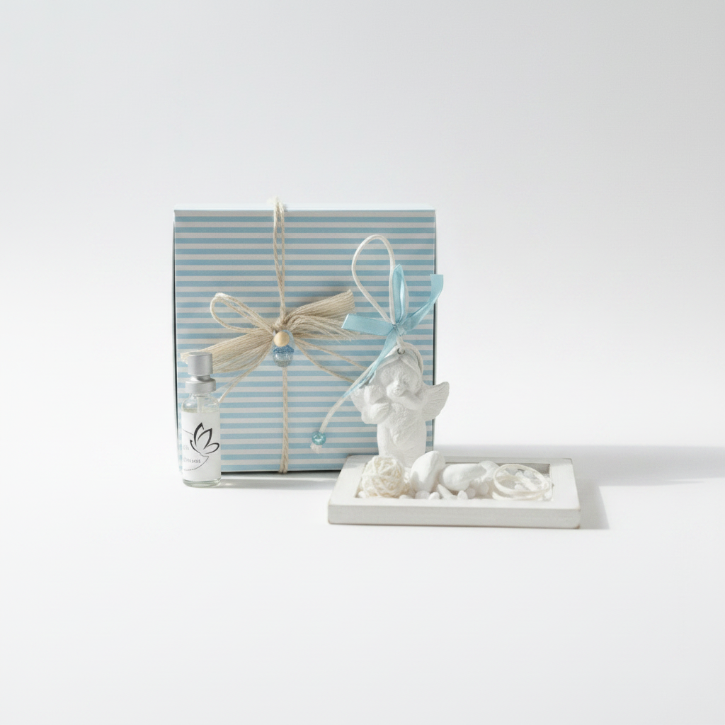 Decora con stile: angelo in gesso bianco con base legno e diffusore profumo, celeste, 12×9×7 cm. Perfetto come bomboniera.
