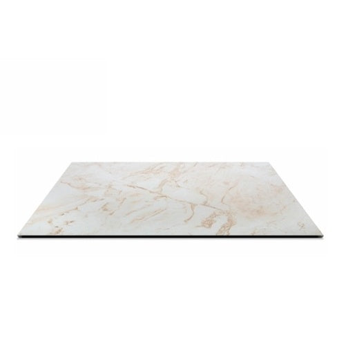 Piano tavolo HPL 70×70 cm sp. 10 mm finitura Calacatta effetto marmo bianco, antigraffio e impermeabile. Made in Italy per bar e hotel.
