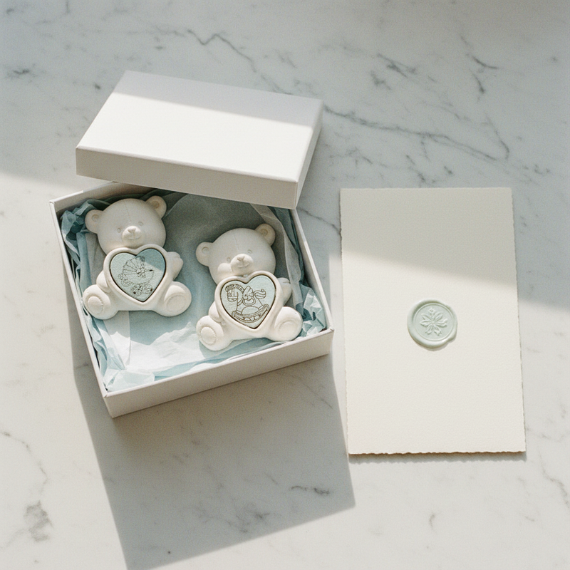 Bomboniera nascita e battesimo bimbo: ETM Gesso Orso Scritta Cielo, set 12 pezzi da 4 cm in gesso naturale. ean 8058269847180