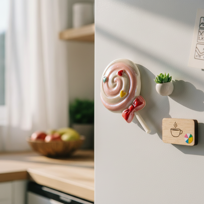 Decora il frigo con il magnete lecca-lecca Etm Lollipop in PVC rosa, ø 8 cm. Bomboniera battesimo bambina originale e colorata.
