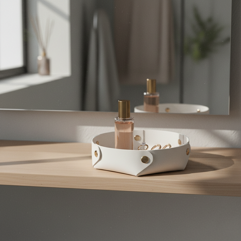 Svuota tasca tondo Etm ecopelle bianco Ø 18 cm: porta chiavi, gioielli e monete con stile. Bomboniera e regalo.