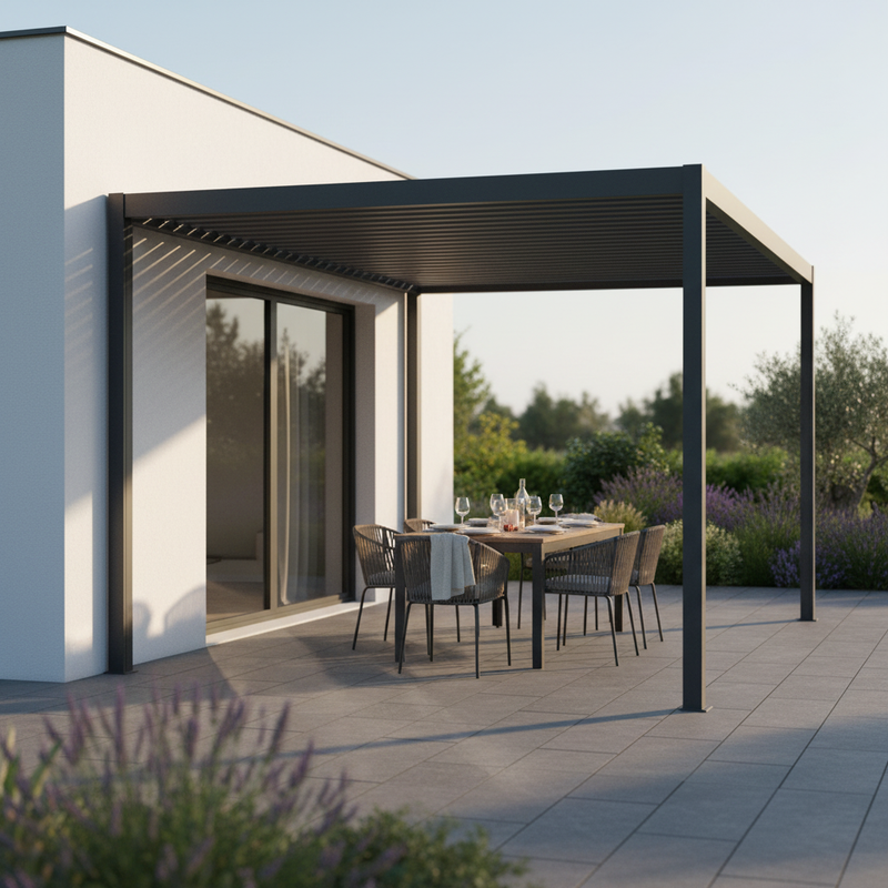 Pergola bioclimatica Garage 3x4 m antracite in alluminio, lamelle orientabili, scarico integrato