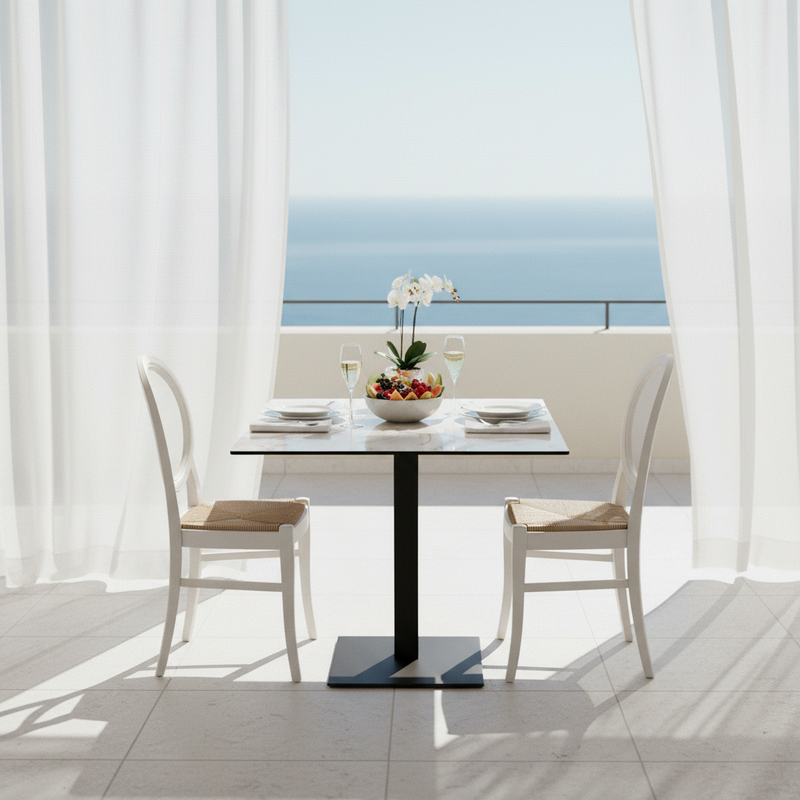 Piano tavolo HPL 70×70 cm sp. 10 mm finitura Calacatta effetto marmo bianco, antigraffio e impermeabile. Made in Italy per bar e hotel.