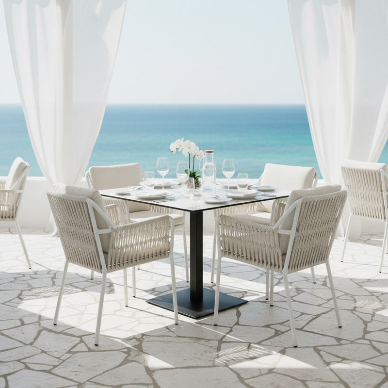 Piano tavolo HPL 80×80 cm sp. 10 mm finitura Calacatta effetto marmo bianco, antigraffio e impermeabile.